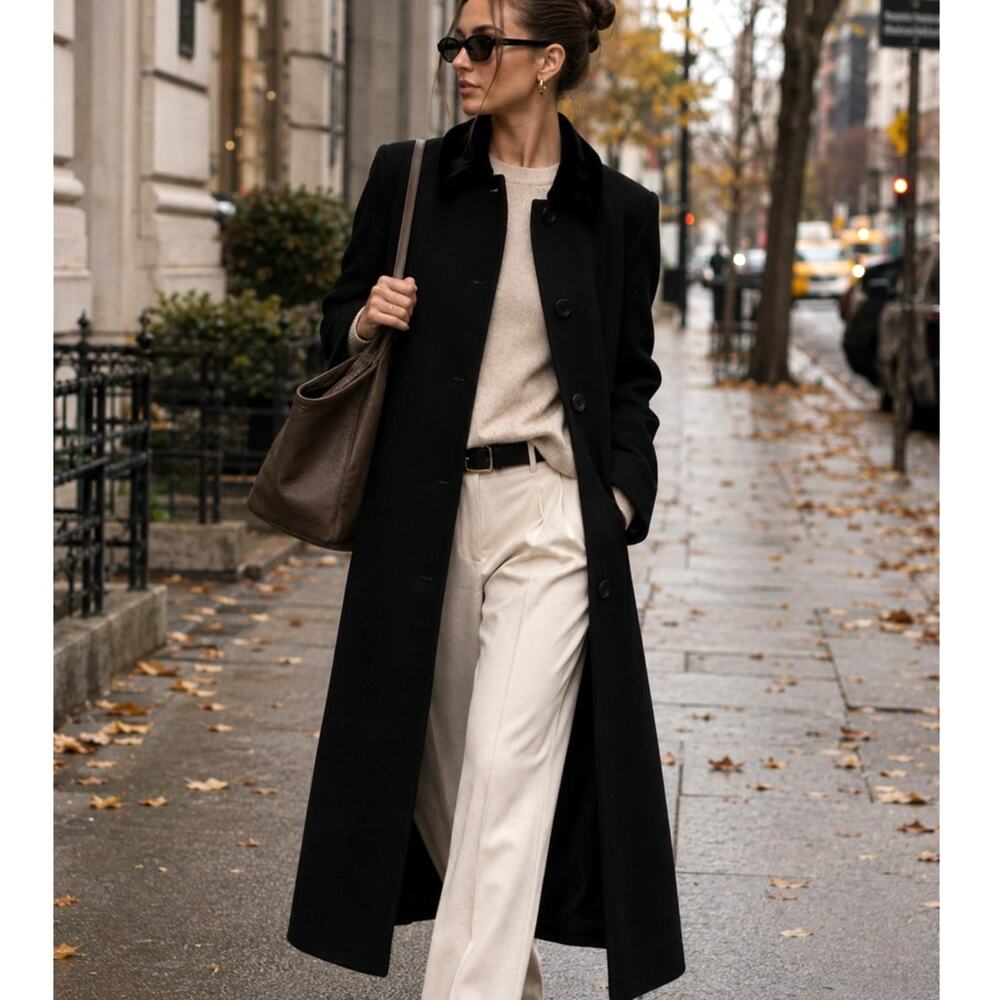 Neiman Marcus 10 Long Wool Coat $790 Velvet Collar Minimalist Black Quiet Luxury - Picture 7 of 8